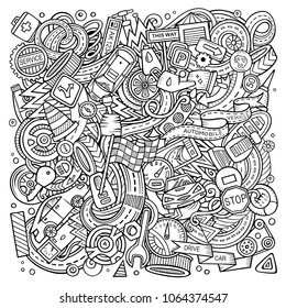 Cartoon vector doodles Automotive illustration. Line art, detailed, with lots of objects background. All objects separate. Sketchy Cars service funny picture