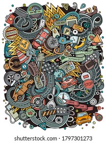 Cartoon vector doodles Automotive illustration. Colorful, detailed, with lots of objects background. All objects separate. Bright colors Cars service funny picture