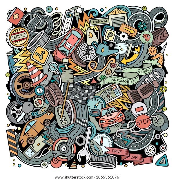 Cartoon vector doodles\
Automotive illustration. Colorful, detailed, with lots of objects\
background. All objects separate. Bright colors Cars service funny\
picture