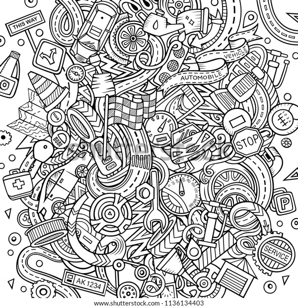 Cartoon vector doodles Automotive\
illustration. Line art, detailed, with lots of objects background.\
All objects separate. Sketchy Cars service funny\
picture