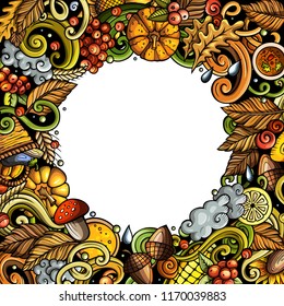 Cartoon vector doodles Autumn frame design. Colorful detailed, with lots of objects illustration. All items are separate. Bright colors fall funny border