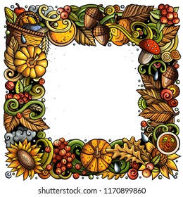 Cartoon vector doodles Autumn frame design. Colorful detailed, with lots of objects illustration. All items are separate. Bright colors fall funny border