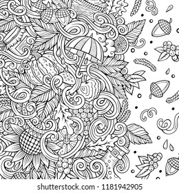 Cartoon Vektorgrafik doodles Herbstbild. Line Art detailliert, mit vielen Objekten Illustration. Sketchy Herbst lustige Grenze