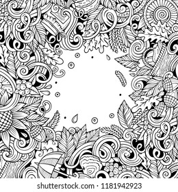 Cartoon vector doodles Autumn frame design. Line art detailed, with lots of objects illustration. Sketchy fall funny border