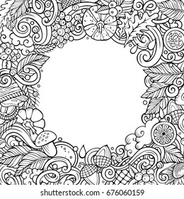 Cartoon vector doodles Autumn frame design. Line art detailed, with lots of objects illustration. All items are separate. Sketchy fall funny border