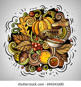 Cartoon vector doodles Autumn illustration. Colorful detailed, with lots of objects background. All items are separate. Bright colors fall funny picture