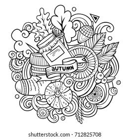 Cartoon vector doodles Autumn illustration. Line art detailed, with lots of objects background. All items are separate. Contour fall funny picture