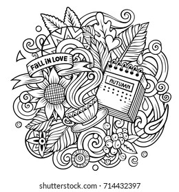 Cartoon vector doodles Autumn illustration. Line art detailed, with lots of objects background. All items are separate. Contour fall funny picture