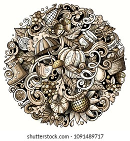 Cartoon vector doodles Autumn round illustration. Monochrome detailed, with lots of objects background. All items are separate. Toned fall funny picture