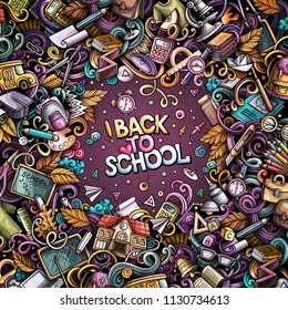 Cartoon vector doodles Back to school frame. Colorful, detailed, with lots of objects background. All objects separate. Bright colors education funny border