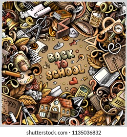 Cartoon vector doodles Back to school frame. Colorful, detailed, with lots of objects background. All objects separate. Bright colors education funny border