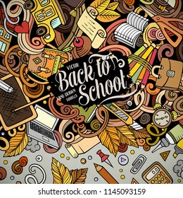 Cartoon vector doodles Back to school frame. Colorful, detailed, with lots of objects background. All objects separate. Bright colors education funny border
