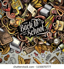 Cartoon vector doodles Back to school frame. Colorful, detailed, with lots of objects background. All objects separate. Bright colors education funny border