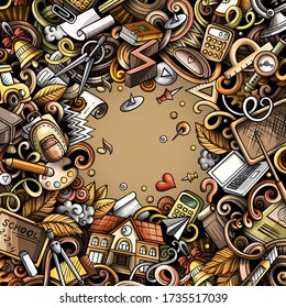 Cartoon vector doodles Back to school frame. Colorful, detailed, with lots of objects background. All objects separate. Bright colors education funny border