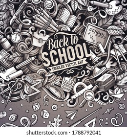 Cartoon vector doodles Back to school frame. Graphic, detailed, with lots of objects background. All objects separate. Monochrome education funny border