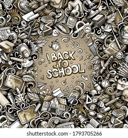 Cartoon vector doodles Back to school frame. Graphic, detailed, with lots of objects background. All objects separate. Monochrome education funny border