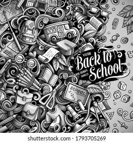 Cartoon vector doodles Back to school frame. Graphic, detailed, with lots of objects background. All objects separate. Monochrome education funny border