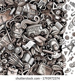 Cartoon vector doodles Back to school frame. Graphic, detailed, with lots of objects background. All objects separate. Monochrome education funny border