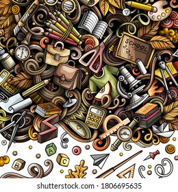 Cartoon vector doodles Back to school frame. Colorful, detailed, with lots of objects background. All objects separate. Bright colors education funny border