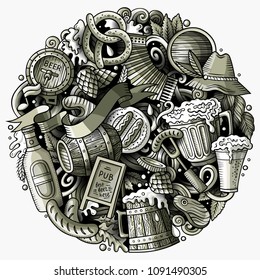 Cartoon vector doodles Beer fest illustration. Monochrome, detailed, with lots of objects background. All objects separate. Toned Oktoberfest funny round picture