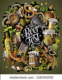 Cartoon vector doodles Beer fest illustration. Colorful, detailed, with lots of objects background. All objects separate. Bright colors Oktoberfest funny picture