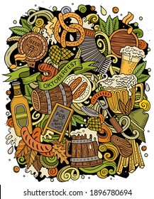 Cartoon vector doodles Beer fest illustration. Colorful, detailed, with lots of objects background. All objects separate. Bright colors Oktoberfest funny picture