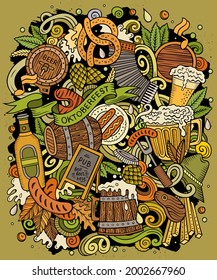 Cartoon vector doodles Beer fest illustration. Colorful, detailed, with lots of objects background. All objects separate. Bright colors Oktoberfest funny picture