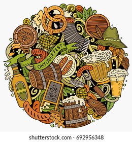 Cartoon vector doodles Beer fest illustration. Colorful, detailed, with lots of objects background. All objects separate. Bright colors Oktoberfest funny round picture