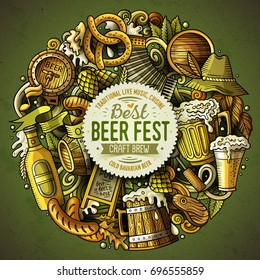 Cartoon vector doodles Beer fest illustration. Colorful, detailed, with lots of objects background. All objects separate. Bright colors Oktoberfest funny round picture