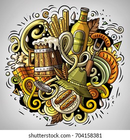 Cartoon vector doodles Beer fest illustration. Colorful detailed, with lots of objects background. All items are separate. Bright colors Oktoberfest funny picture