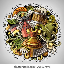 Cartoon vector doodles Beer fest illustration. Colorful detailed, with lots of objects background. All items are separate. Bright colors Oktoberfest funny picture