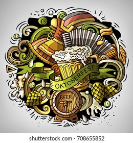 Cartoon vector doodles Beer fest illustration. Colorful detailed, with lots of objects background. All items are separate. Bright colors Oktoberfest funny picture