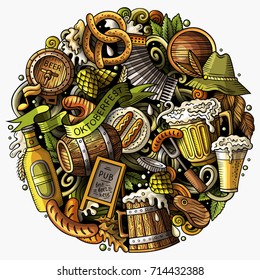 Cartoon vector doodles Beer fest illustration. Colorful, detailed, with lots of objects background. All objects separate. Bright colors Oktoberfest funny round picture