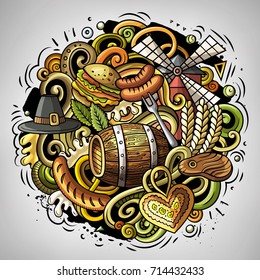 Cartoon vector doodles Beer fest illustration. Colorful detailed, with lots of objects background. All items are separate. Bright colors Oktoberfest funny picture