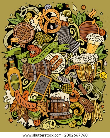 Cartoon vector doodles Beer fest illustration. Colorful, detailed, with lots of objects background. All objects separate. Bright colors Oktoberfest funny picture