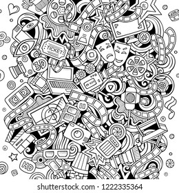 Cartoon vector doodles Cinema illustration. Line art, detailed, with lots of objects background. All objects separate. Sketchy Movie funny picture