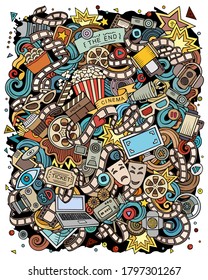 Cartoon vector doodles Cinema illustration. Colorful, detailed, with lots of objects background. All objects separate. Bright colors Movie funny picture