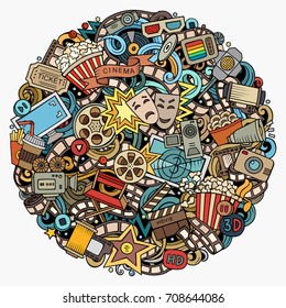 Dibujo de cine con doodles vectoriales de dibujos animados. Colorido, detallado, con muchos objetos de fondo. Todos los objetos se separan. Colores brillantes Imagen redonda divertida de la película