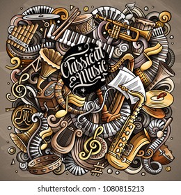 Cartoon vector doodles Classic music illustration. Colorful, detailed, with lots of objects background. All objects separate. Bright colors musical funny picture