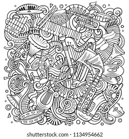 Cartoon vector doodles Classic music illustration. Line art, detailed, with lots of objects background. All objects separate. Sketchy musical funny picture