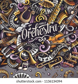 Cartoon vector doodles Classic music frame. Colorful, detailed, with lots of objects background. All objects separate. Bright colors musical funny border