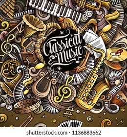 Cartoon vector doodles Classic music frame. Colorful, detailed, with lots of objects background. All objects separate. Bright colors musical funny border
