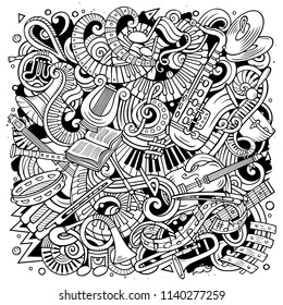 Cartoon vector doodles Classic music illustration. Line art, detailed, with lots of objects background. All objects separate. Sketchy musical funny picture