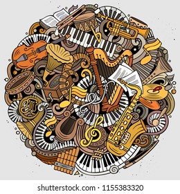 Cartoon vector doodles Classic music round illustration. Colorful, detailed, with lots of objects background. All objects separate. Bright colors musical funny picture