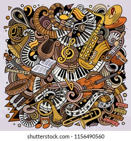 Cartoon vector doodles Classic music illustration. Colorful, detailed, with lots of objects background. All objects separate. Bright colors musical funny picture