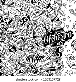 Cartoon vector doodles Classic music frame. Line art, detailed, with lots of objects background. All objects separate. Sketchy musical funny border