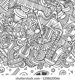 Cartoon vector doodles Classic music frame. Line art, detailed, with lots of objects background. All objects separate. Sketchy musical funny border