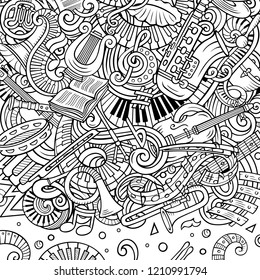 Cartoon vector doodles Classic music frame. Line art, detailed, with lots of objects background. All objects separate. Sketchy musical funny border