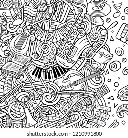 Cartoon vector doodles Classic music frame. Line art, detailed, with lots of objects background. All objects separate. Sketchy musical funny border
