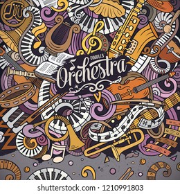 Cartoon vector doodles Classic music frame. Colorful, detailed, with lots of objects background. All objects separate. Bright colors musical funny border